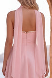 Geel A-lijn parelmoer trim strapless chiffon korte homecoming jurk met sjaal