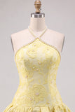 Botergele Bloemen Jacquard Halter Korte Homecoming Jurk met Parelmoer versieringen