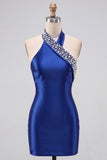 Koninklijk Blauwe Bodycon Parels Strass, Halter Korte Thuiskomstjurk