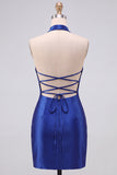 Koninklijk Blauwe Bodycon Parels Strass, Halter Korte Thuiskomstjurk