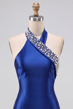 Koninklijk Blauwe Bodycon Parels Strass, Halter Korte Thuiskomstjurk