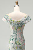 Off-the-shoulder groene bloemen jacquard schede lange moederjurk van de bruid met split