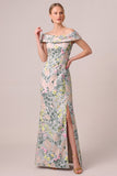 Off-the-shoulder groene bloemen jacquard schede lange moederjurk van de bruid met split