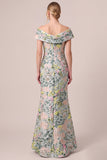 Off-the-shoulder groene bloemen jacquard schede lange moederjurk van de bruid met split
