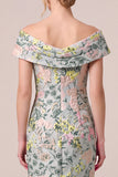 Off-the-shoulder groene bloemen jacquard schede lange moederjurk van de bruid met split