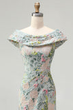 Off-the-shoulder groene bloemen jacquard schede lange moederjurk van de bruid met split