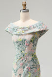 Off-the-shoulder groene bloemen jacquard schede lange moederjurk van de bruid met split