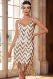 Glinsterend wit gouden pailletten Bodycon Korte Jurk uit 1920 met franjes