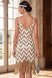 Glinsterend wit gouden pailletten Bodycon Korte Jurk uit 1920 met franjes