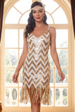 Glinsterend wit gouden pailletten Bodycon Korte Jurk uit 1920 met franjes