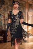 Vintage zwarte Bodycon Bodycon Korte Flapper Jurk uit 1920 met kralen