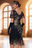 Splitterende zwarte bodycon pailletten V-hals midi jurk uit de jaren 1920 met kralen