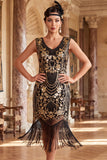 Vintage zwarte gouden gefrankeerde bloemenpailletten Great Gatsby Partyjurk met kralen