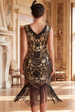 Vintage zwarte gouden gefrankeerde bloemenpailletten Great Gatsby Partyjurk met kralen