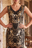 Vintage zwarte gouden gefrankeerde bloemenpailletten Great Gatsby Partyjurk met kralen