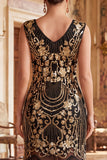 Vintage zwarte gouden gefrankeerde bloemenpailletten Great Gatsby Partyjurk met kralen