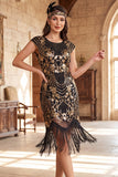 Zwarte gouden vintage mouwen, pailletten en pailletten uit de jaren 1920 flapper jurk met kralen