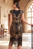 Zwarte gouden vintage mouwen, pailletten en pailletten uit de jaren 1920 flapper jurk met kralen