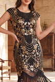 Zwarte gouden vintage mouwen, pailletten en pailletten uit de jaren 1920 flapper jurk met kralen