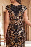 Zwarte gouden vintage mouwen, pailletten en pailletten uit de jaren 1920 flapper jurk met kralen