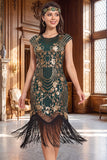 Zwarte gouden vintage mouwen, pailletten en pailletten uit de jaren 1920 flapper jurk met kralen