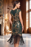 Zwarte gouden vintage mouwen, pailletten en pailletten uit de jaren 1920 flapper jurk met kralen
