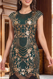 Zwarte gouden vintage mouwen, pailletten en pailletten uit de jaren 1920 flapper jurk met kralen