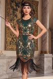 Zwarte gouden vintage mouwen, pailletten en pailletten uit de jaren 1920 flapper jurk met kralen