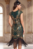 Zwarte gouden vintage mouwen, pailletten en pailletten uit de jaren 1920 flapper jurk met kralen