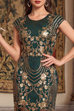 Zwarte gouden vintage mouwen, pailletten en pailletten uit de jaren 1920 flapper jurk met kralen