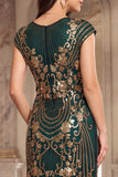 Zwarte gouden vintage mouwen, pailletten en pailletten uit de jaren 1920 flapper jurk met kralen