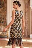 Zwarte gouden pailletten vintage korte flapperjurk met franjes uit de jaren 1920