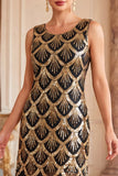 Zwarte gouden pailletten vintage korte flapperjurk met franjes uit de jaren 1920