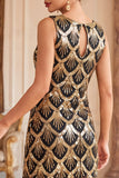 Zwarte gouden pailletten vintage korte flapperjurk met franjes uit de jaren 1920