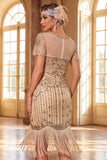 Glitterend zwart gouden bodycon pailletten korte Great Gatsby feestjurk met franjes