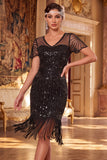 Glitterend zwart gouden bodycon pailletten korte Great Gatsby feestjurk met franjes