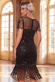 Glitterend zwart gouden bodycon pailletten korte Great Gatsby feestjurk met franjes