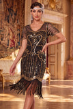Glitterend zwart gouden bodycon pailletten korte Great Gatsby feestjurk met franjes