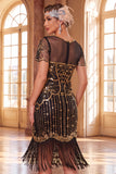 Glitterend zwart gouden bodycon pailletten korte Great Gatsby feestjurk met franjes