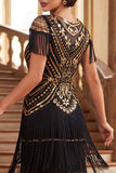 Vintage zwarte gouden paillettenpailletten flapperjurk uit de jaren 20 met mouwenkap