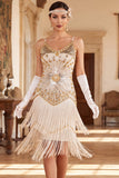 Vintage zwarte gouden pailletten mouwloze flapperjurk uit de jaren 1920 met franjes