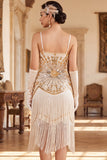 Vintage zwarte gouden pailletten mouwloze flapperjurk uit de jaren 1920 met franjes