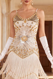Vintage zwarte gouden pailletten mouwloze flapperjurk uit de jaren 1920 met franjes