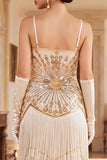Vintage zwarte gouden pailletten mouwloze flapperjurk uit de jaren 1920 met franjes