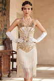 Vintage zwarte gouden pailletten mouwloze flapperjurk uit de jaren 1920 met franjes