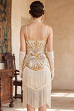 Vintage zwarte gouden pailletten mouwloze flapperjurk uit de jaren 1920 met franjes