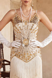 Vintage zwarte gouden pailletten mouwloze flapperjurk uit de jaren 1920 met franjes