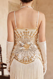 Vintage zwarte gouden pailletten mouwloze flapperjurk uit de jaren 1920 met franjes