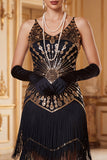Vintage zwarte gouden pailletten mouwloze flapperjurk uit de jaren 1920 met franjes