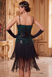 Vintage zwarte gouden pailletten mouwloze flapperjurk uit de jaren 1920 met franjes